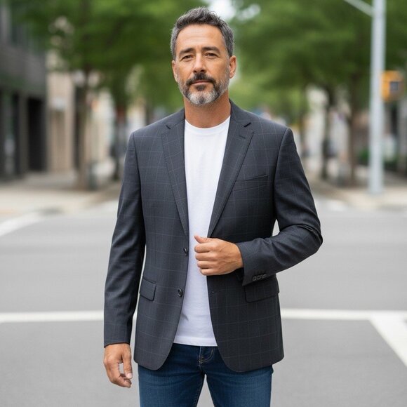 46S Short Pronto Uomo Platinum Grey Windowpane Wool Sport Coat Blazer Jacket